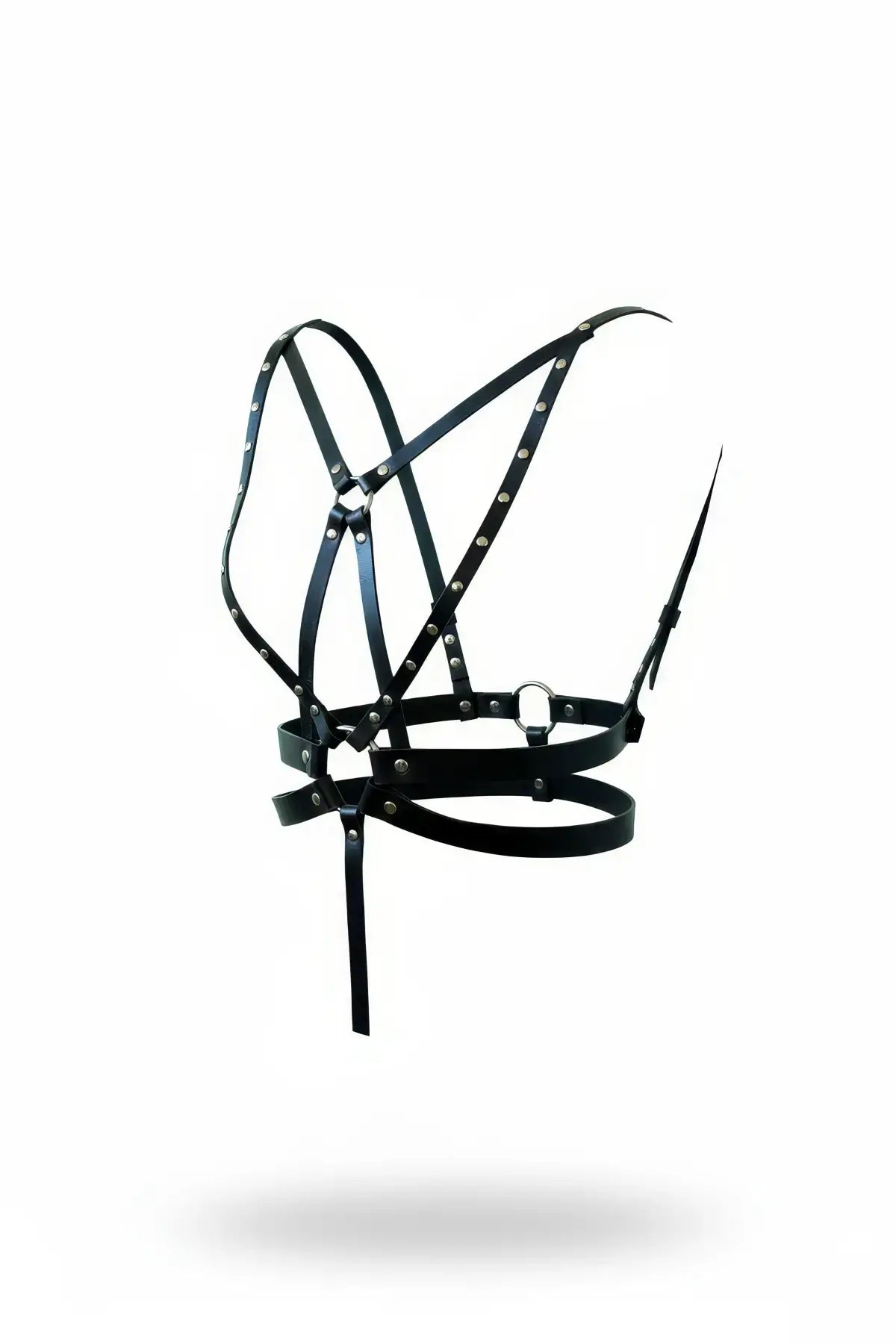 Black vegan leather multi-strap geometric studded crossbody harness by HarnessClub