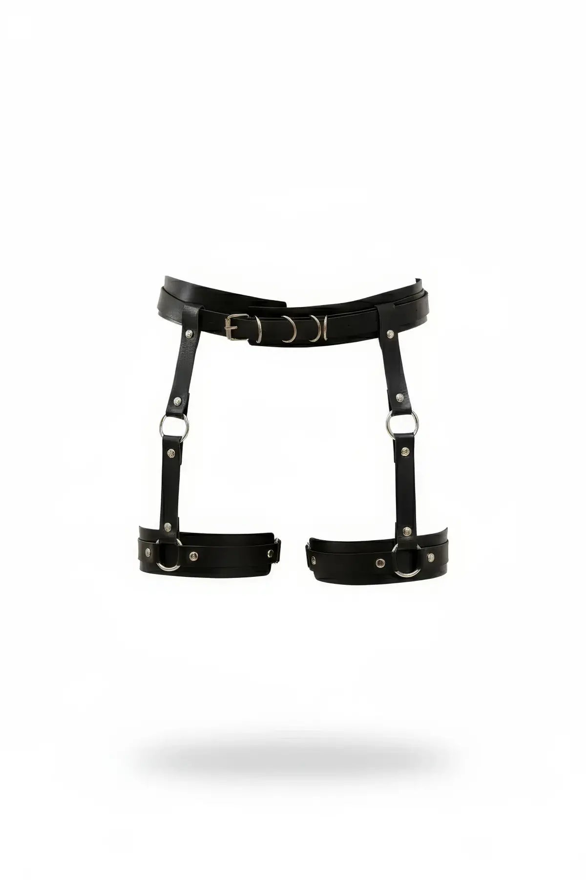 Three-piece black O-Ring Buckle Garter Leg Harness by HarnessClub, vegan leather with waist belt and thigh straps.