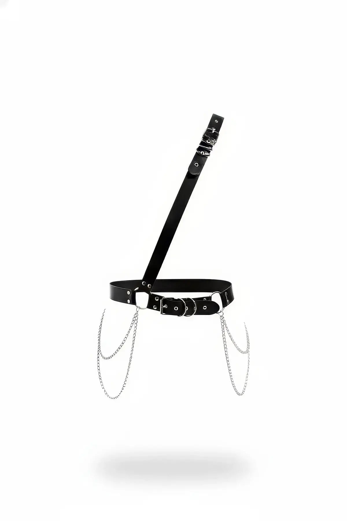 Black vegan leather O-ring chain waist belt harness with metal chains