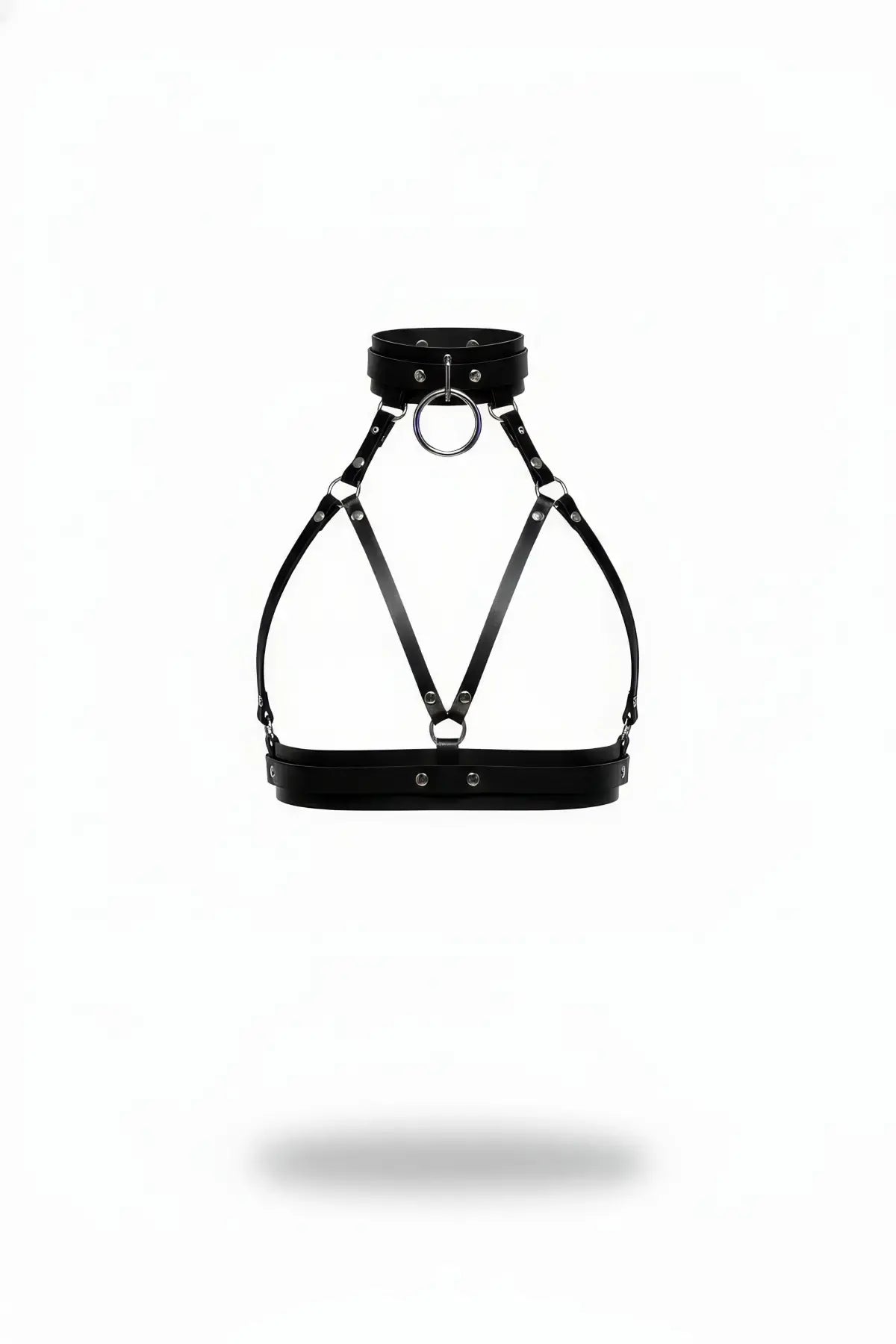 HarnessClub black vegan leather pentagon cage collar harness with metal rings and adjustable straps.