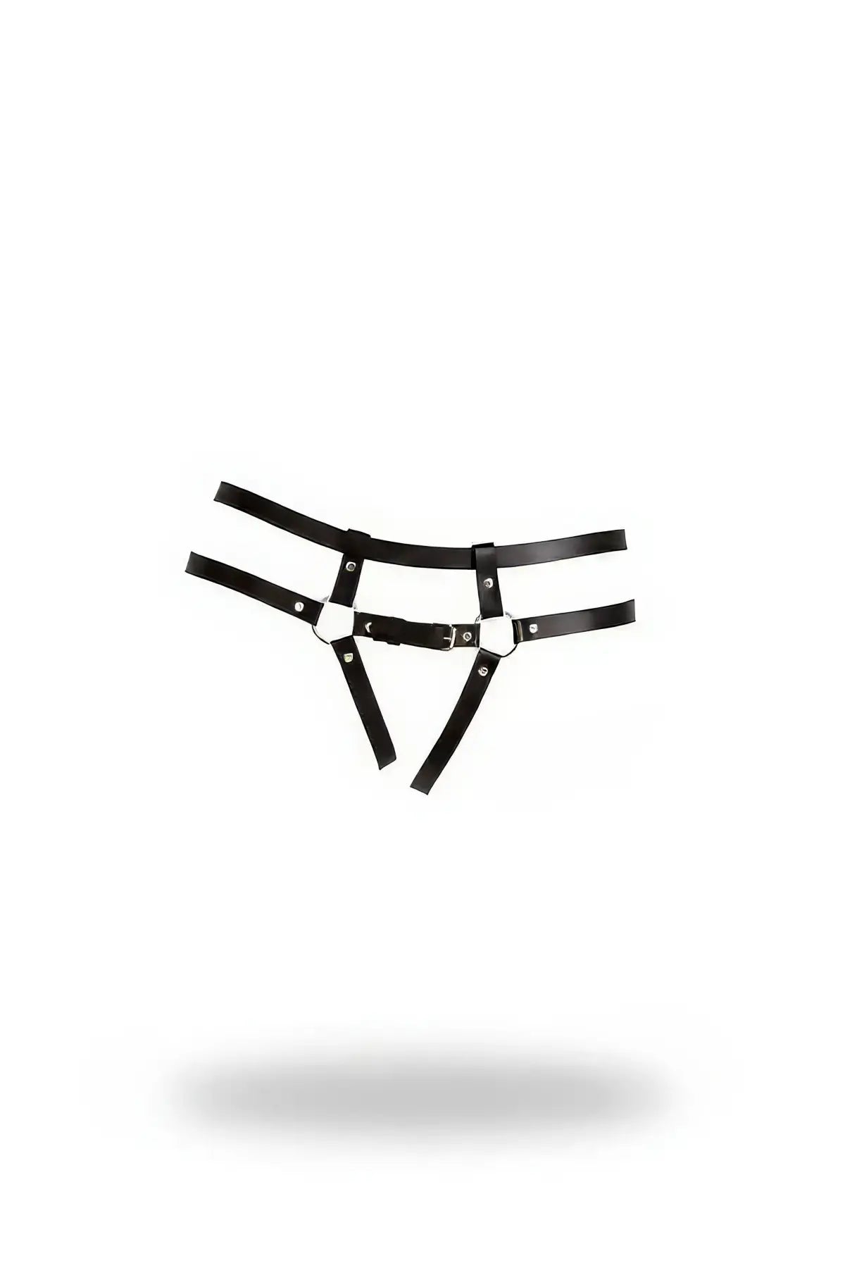 Black ring-buckle hip garter harness in vegan leather by HarnessClub