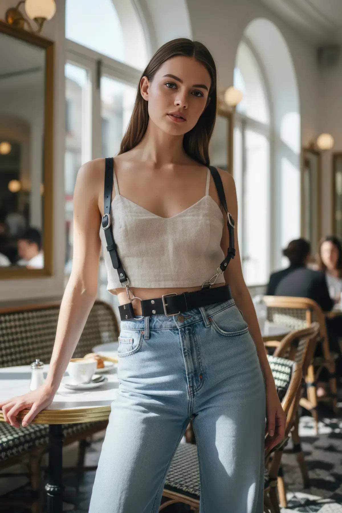 Black vegan-leather shoulder-strap waist harness by HarnessClub, shown on a model with light-blue jeans