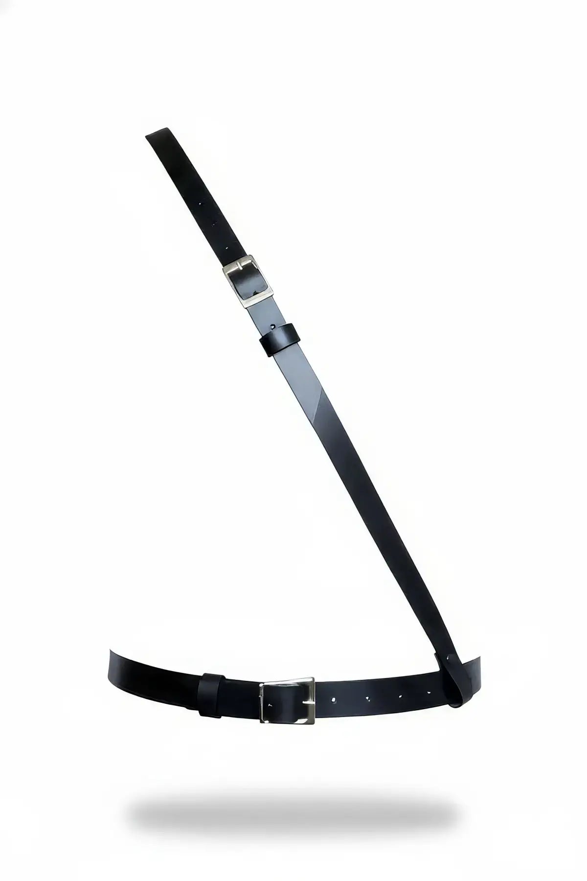 Black single-strap shoulder harness belt in vegan leather with silver buckle by HarnessClub