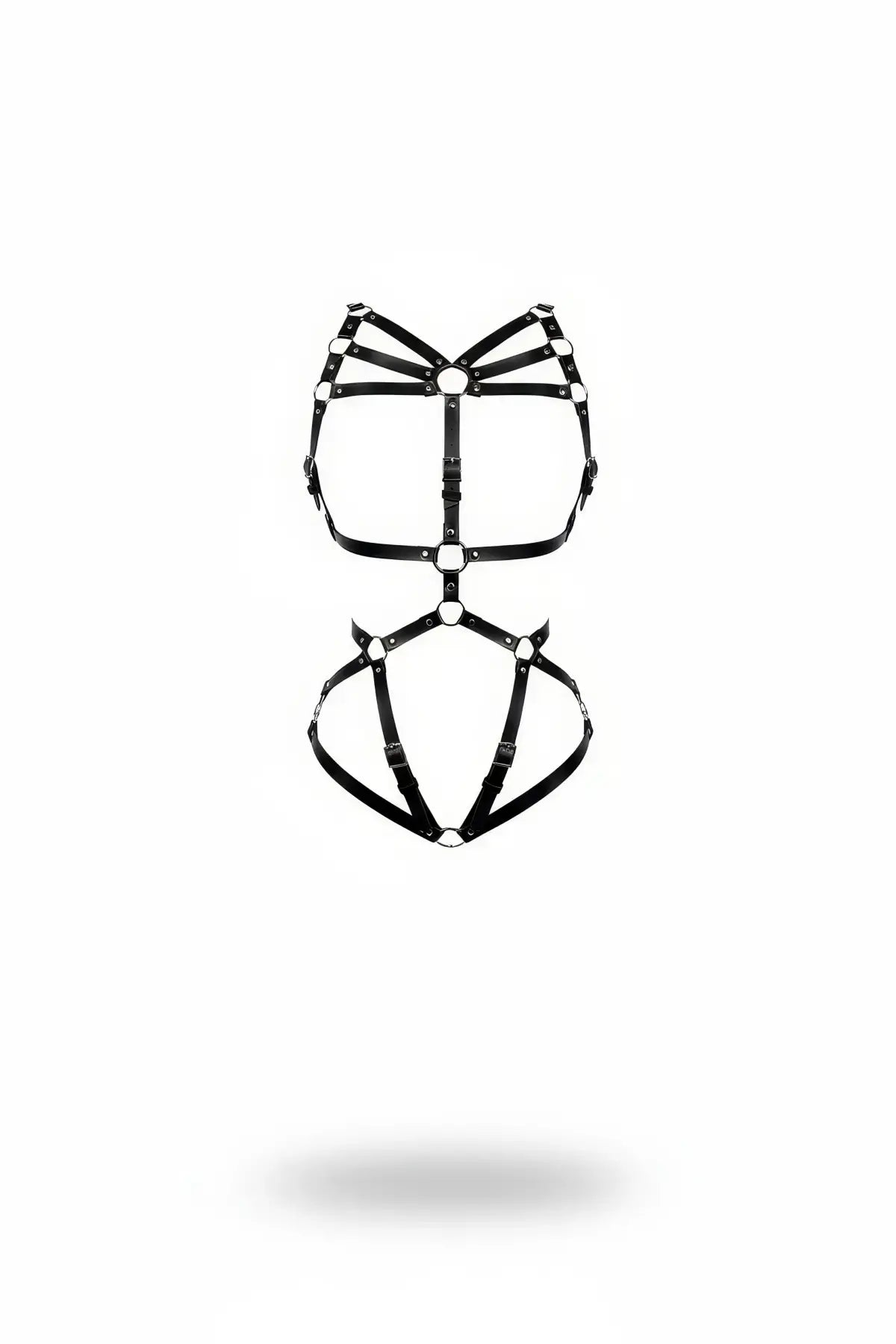 Full-body cage harness in black vegan leather with O-ring straps by HarnessClub