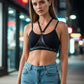 Black studded halter triangle chest body harness by HarnessClub in vegan leather