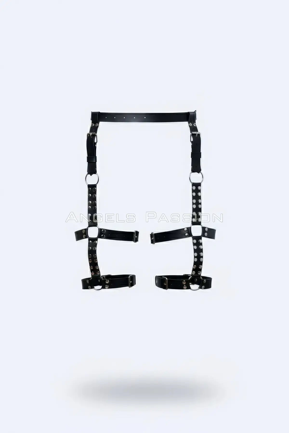 Black studded O-ring thigh garter leg harness in vegan leather with adjustable straps