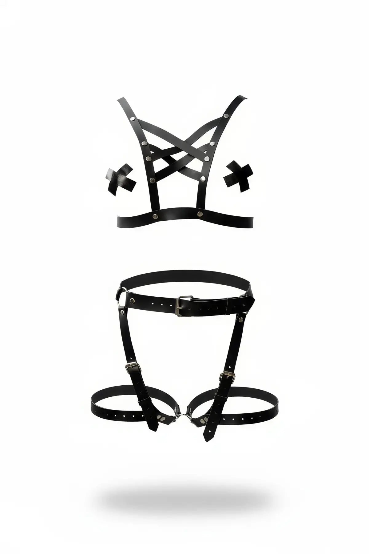 Two-piece bust and thigh garter harness set, black vegan leather with studded star-lace straps