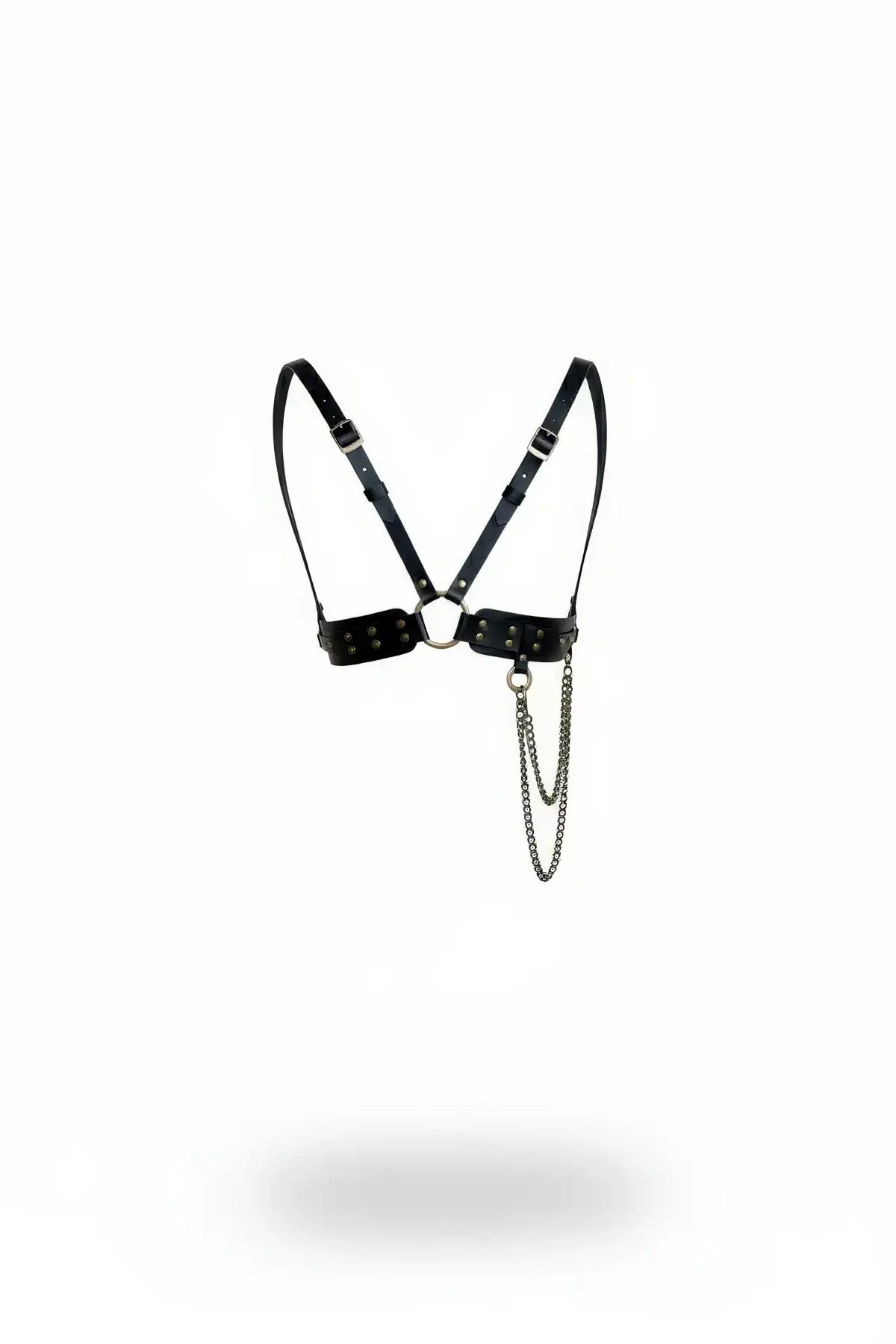 Black Studded V-Frame Chain Drop Chest Harness by HarnessClub in vegan leather with silver hardware