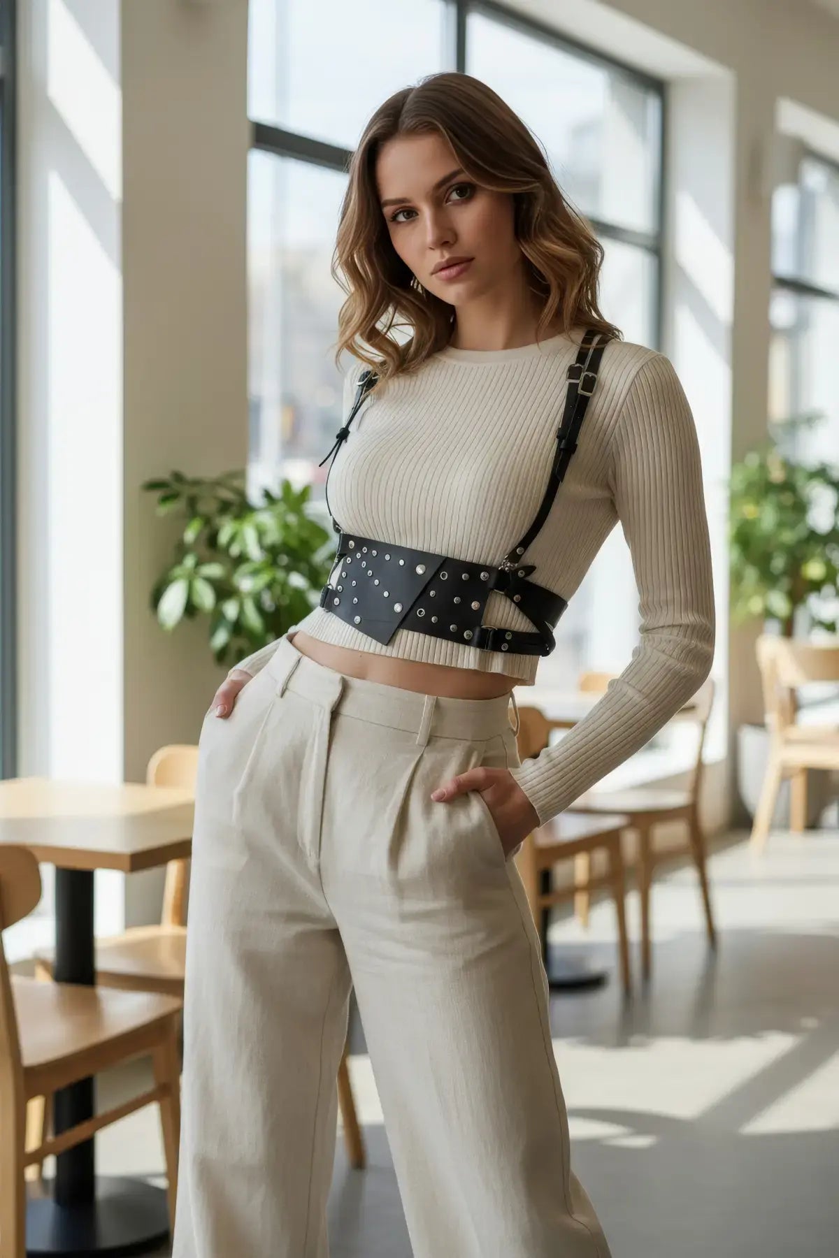 Black studded waist-panel harness in vegan leather worn over a cream ribbed top