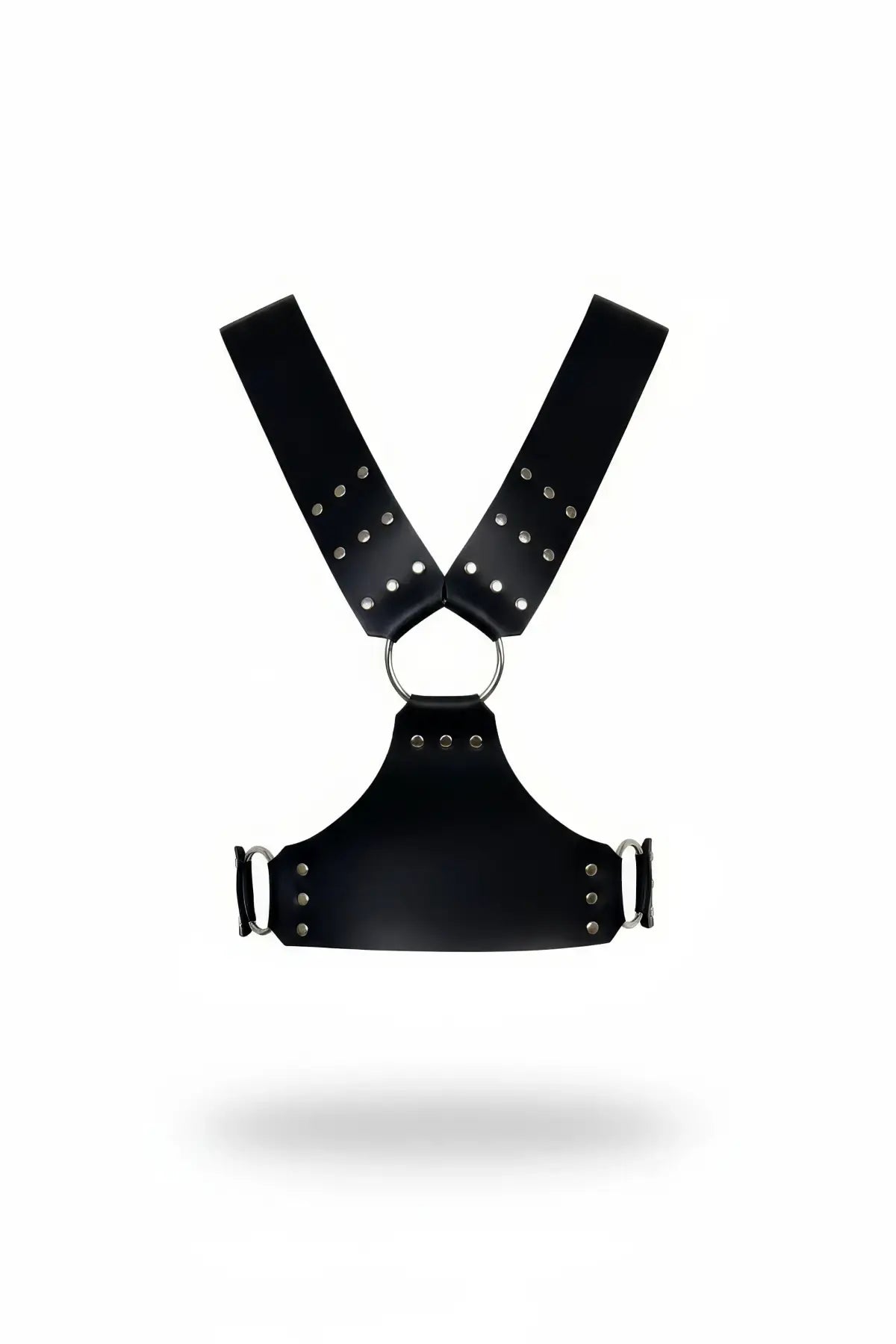 Black studded wide-strap chest harness in vegan leather with silver hardware by HarnessClub