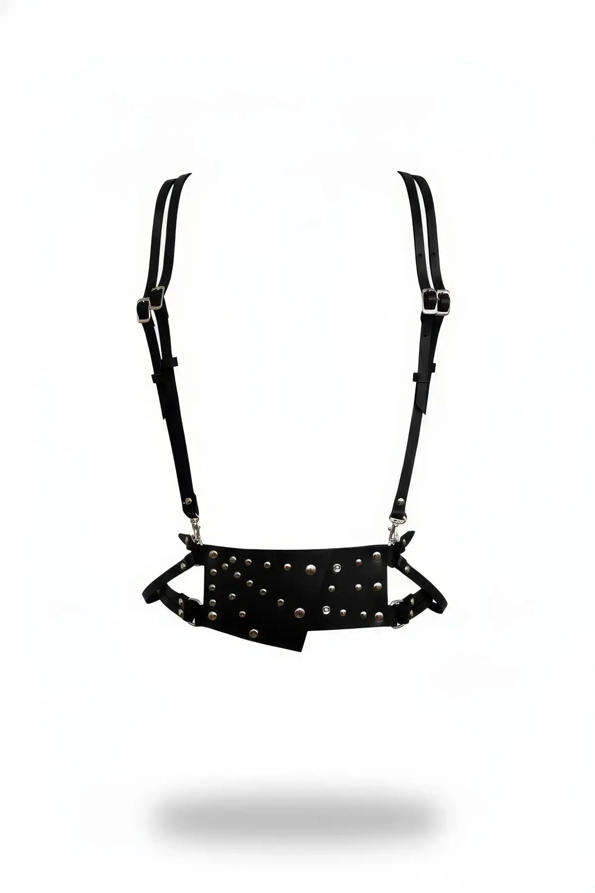 HarnessClub black vegan leather waist-panel harness with double shoulder straps and silver studs