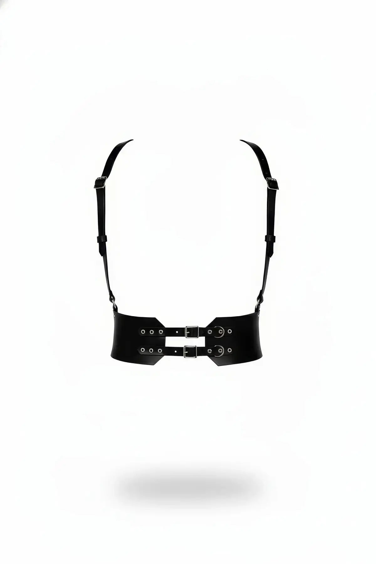 Black wide double-buckle underbust corset belt in vegan leather with adjustable straps