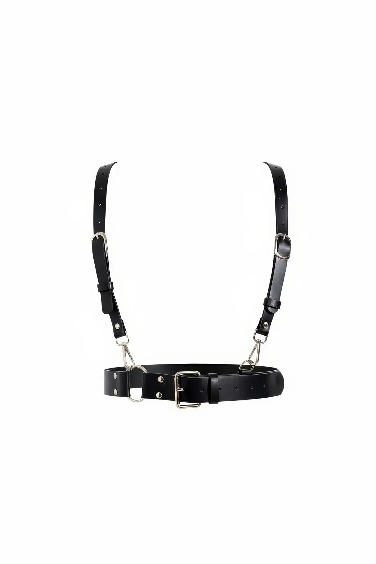 Black wide shoulder-strap waist harness by HarnessClub, vegan leather with silver hardware