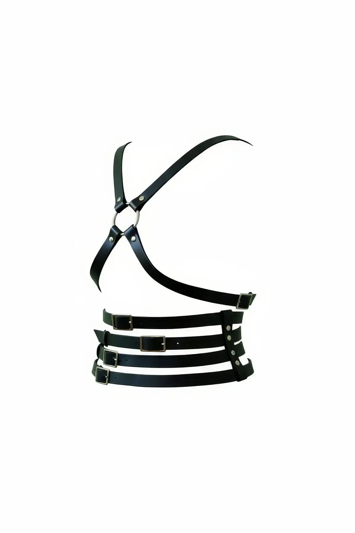 Black vegan-leather body harness for chest and waist with multiple buckled straps by HarnessClub