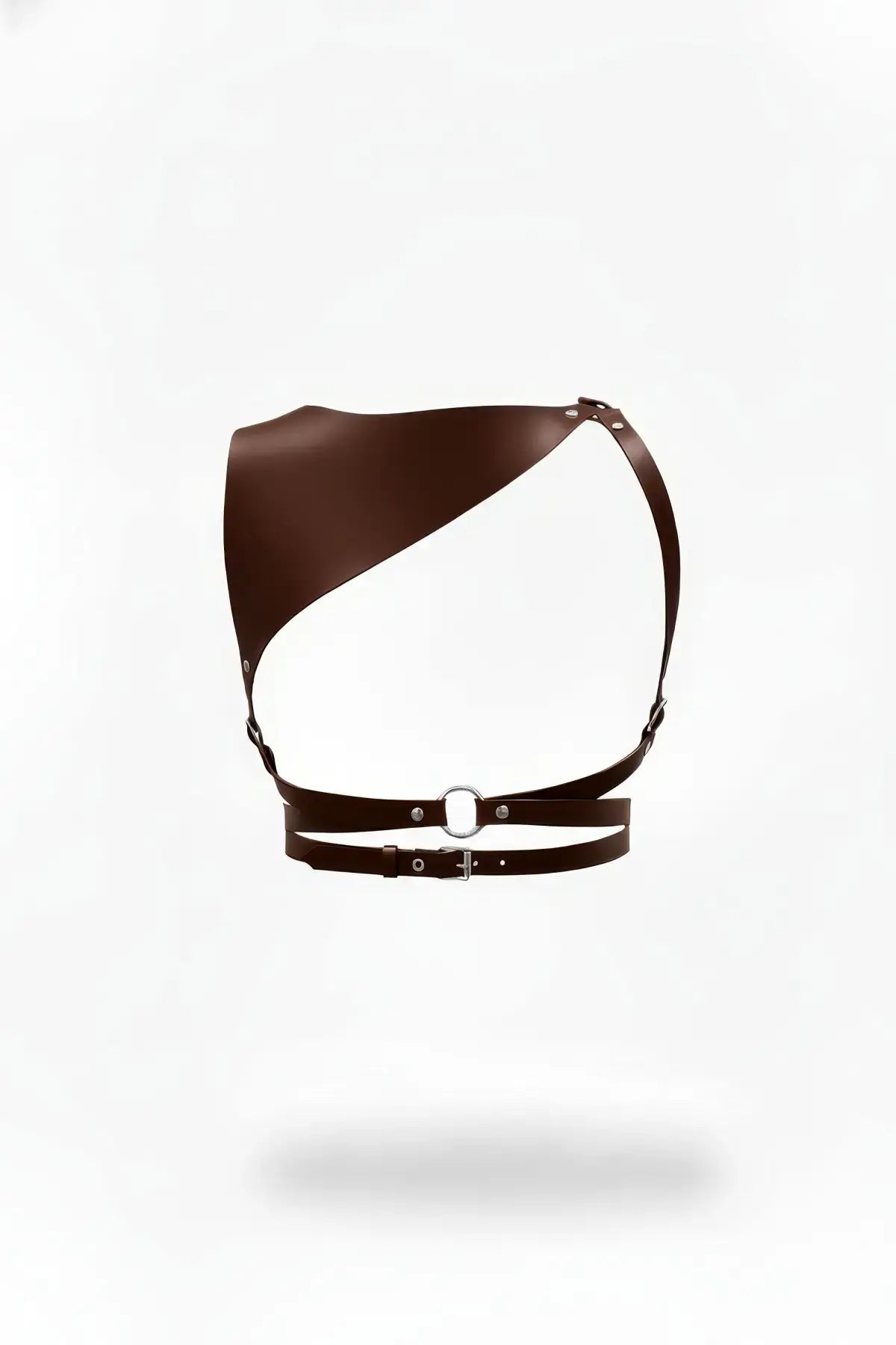 Shoulder-panel harness in brown vegan leather with waist straps and metal ring