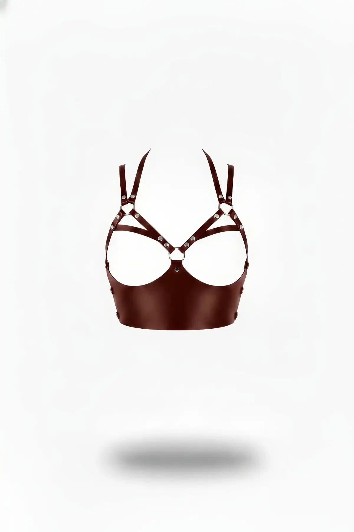 HarnessClub burgundy vegan leather caged overbust corset bustier with double strap cage and metal rings