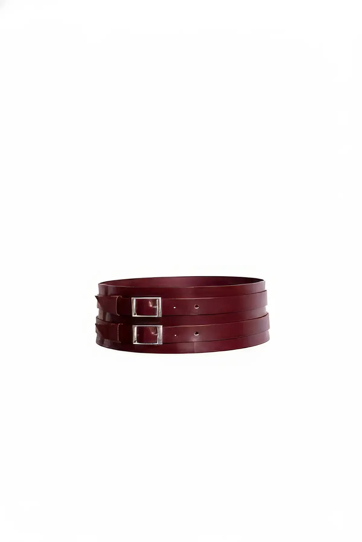 HarnessClub burgundy wide double-buckle corset belt in vegan leather, shown as a triple-wrap waist accessory