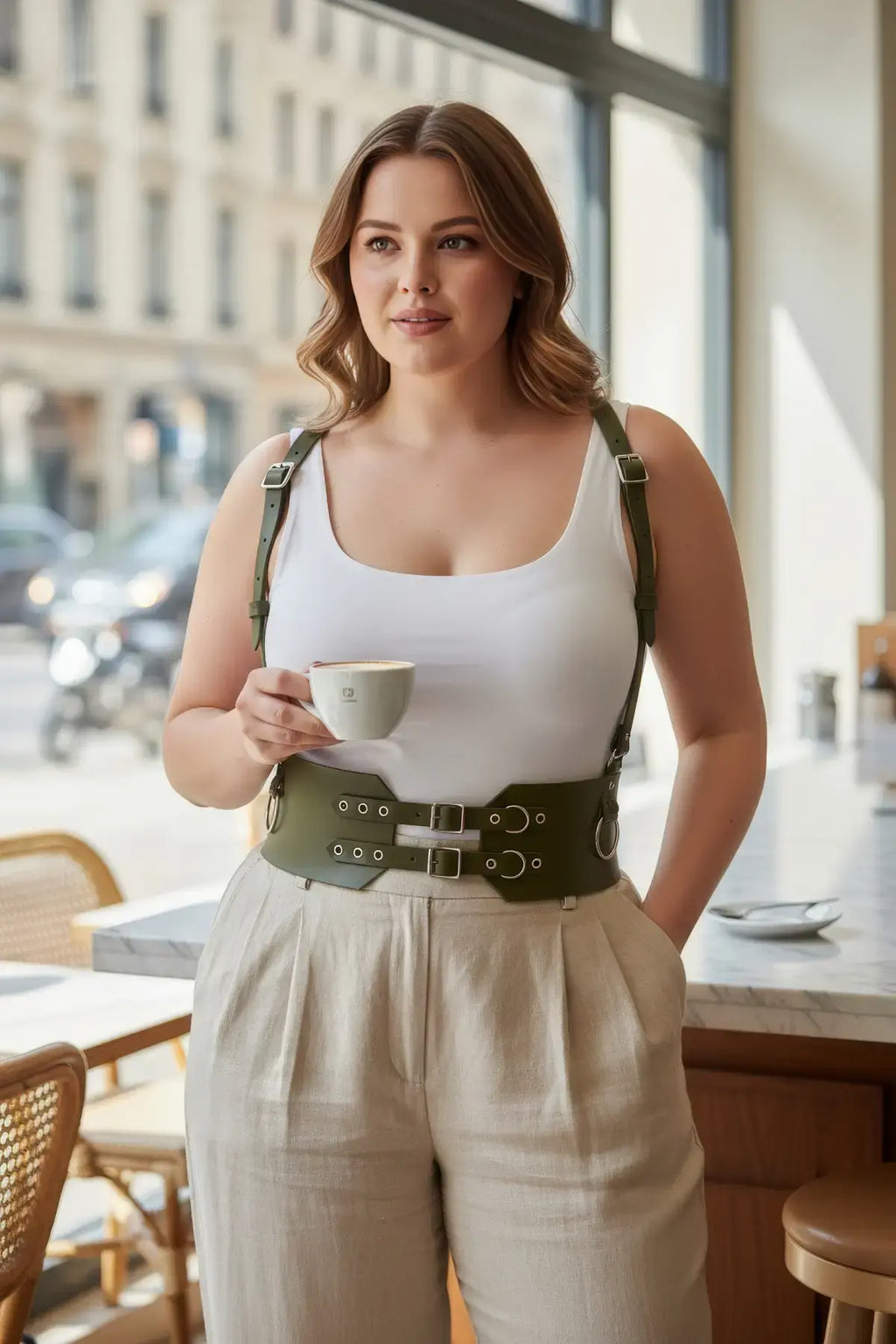 Plus Size Khaki Shoulder-Strap Eyelet-Detail Corset Leather Belt
