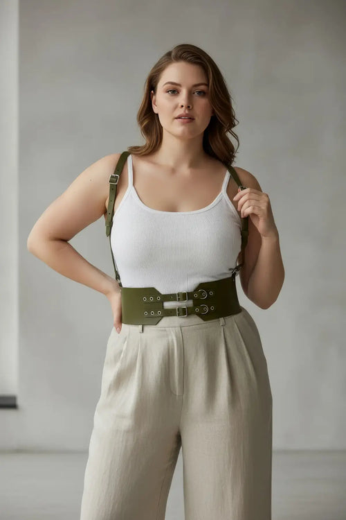 Plus Size Khaki Shoulder-Strap Eyelet-Detail Corset Leather Belt