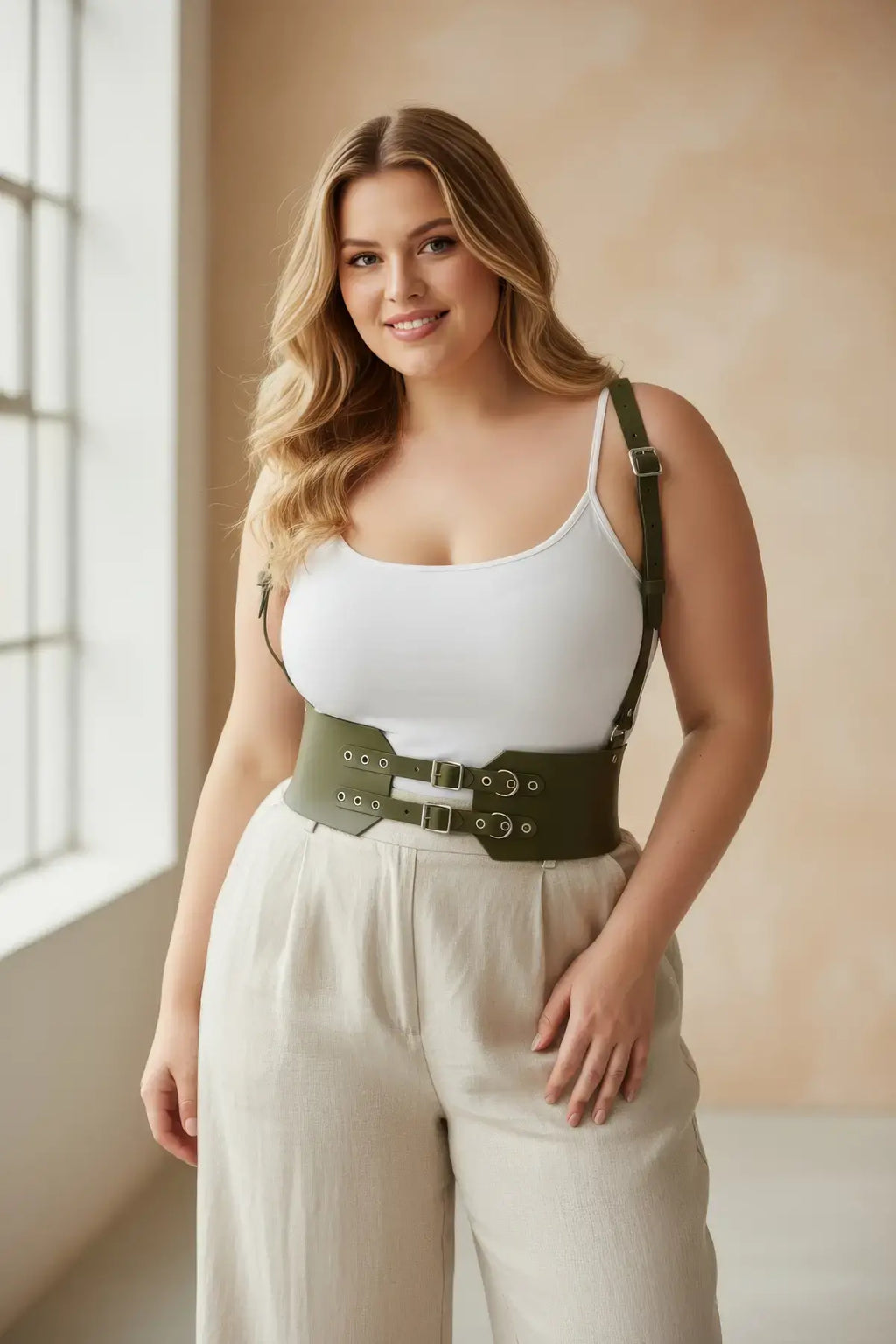 Plus Size Khaki Shoulder-Strap Eyelet-Detail Corset Leather Belt
