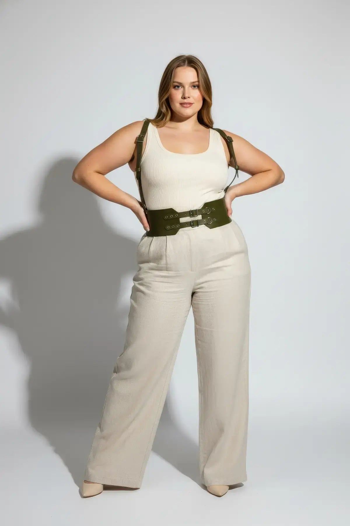 Plus Size Khaki Shoulder-Strap Eyelet-Detail Corset Leather Belt