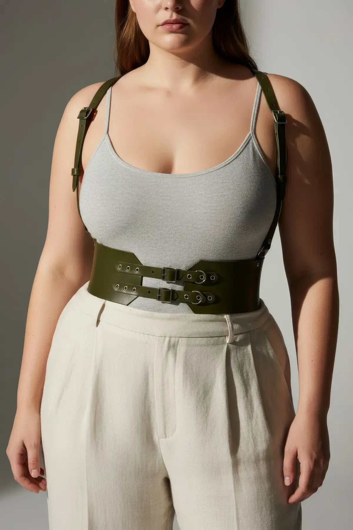Plus Size Khaki Shoulder-Strap Eyelet-Detail Corset Leather Belt