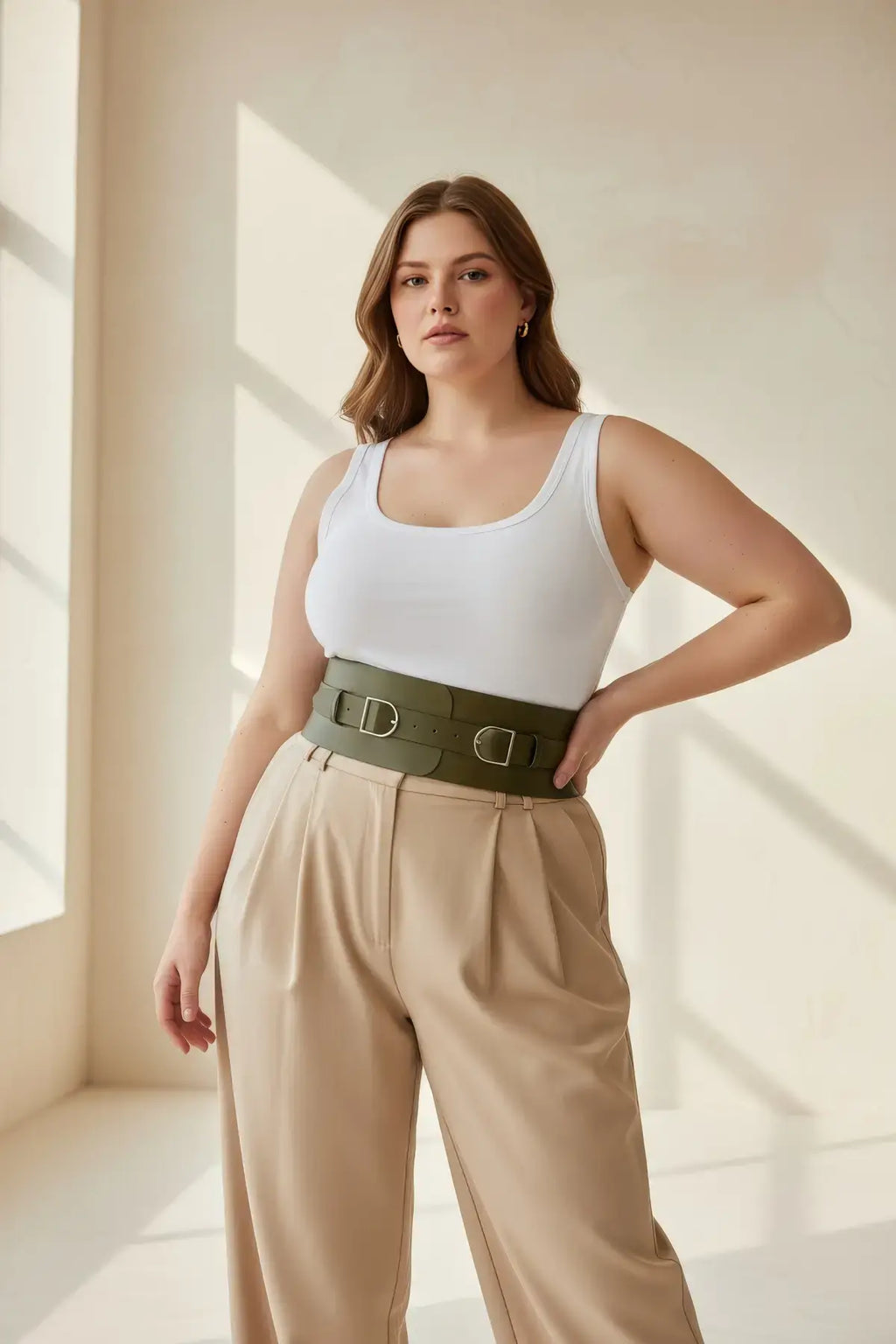 Plus Size Khaki Wide Waist Corset Double-Buckle Belt