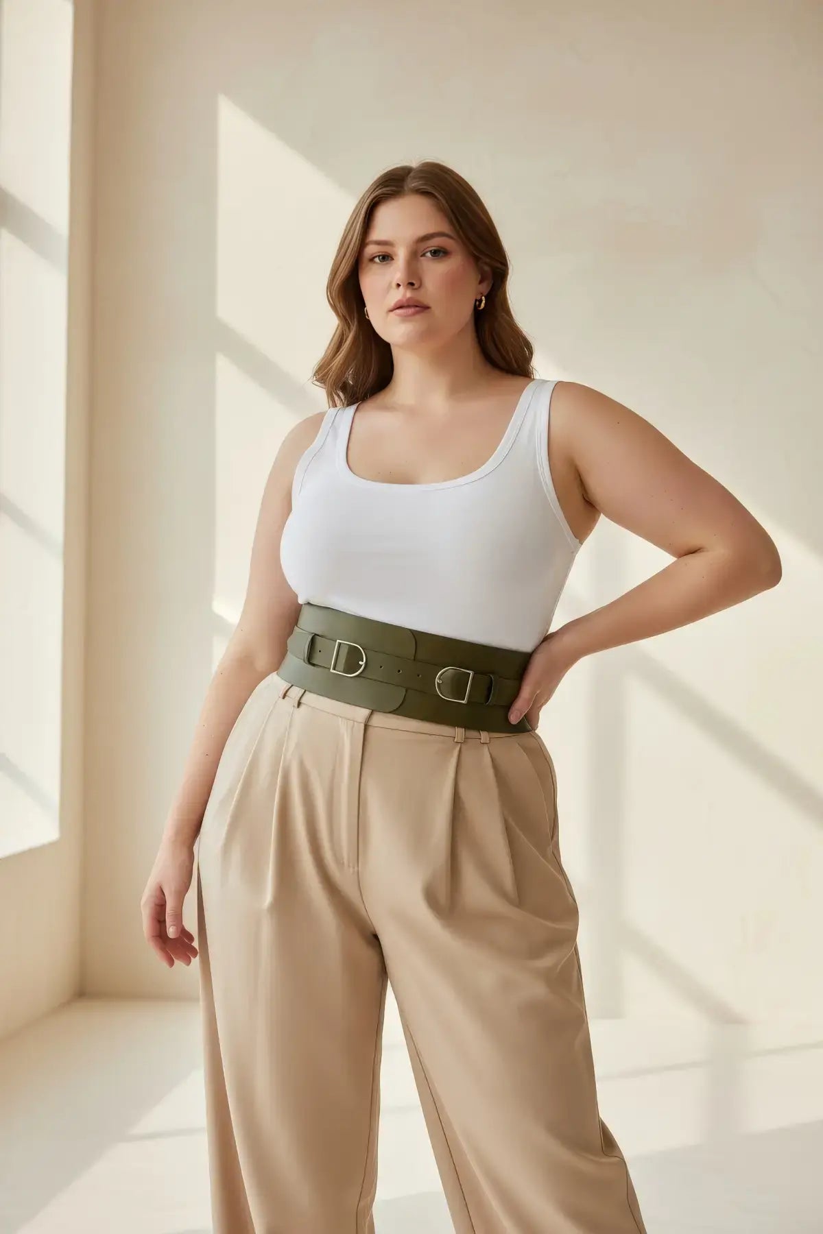 Plus Size Khaki Wide Waist Corset Double-Buckle Belt