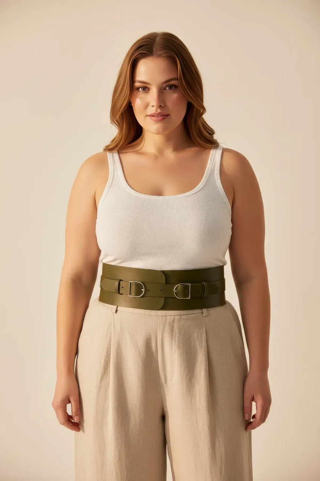 Plus Size Khaki Wide Waist Corset Double-Buckle Belt