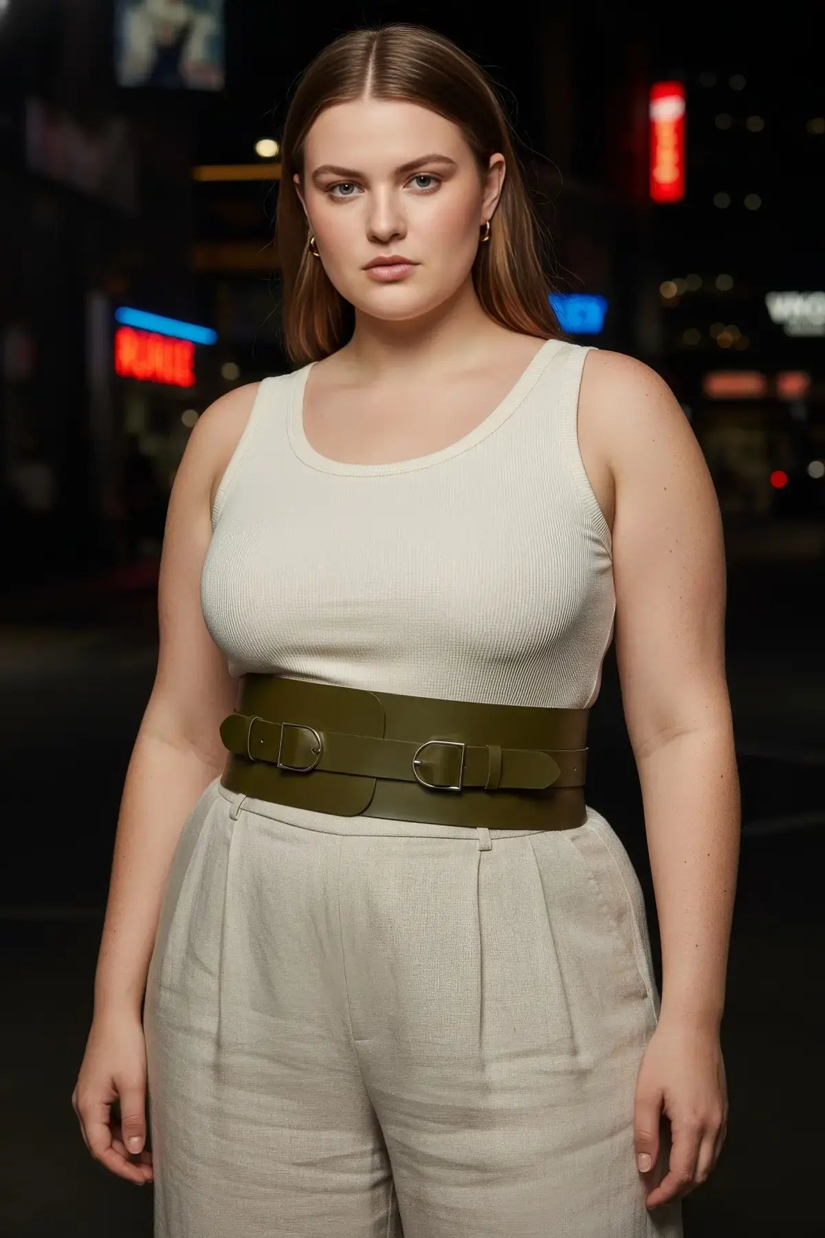 Plus Size Khaki Wide Waist Corset Double-Buckle Belt