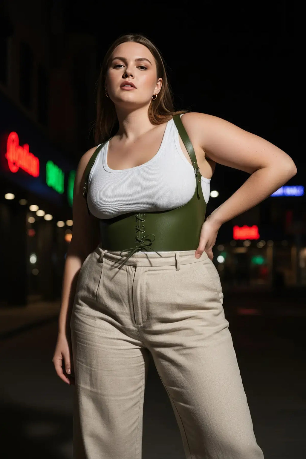 Plus Size Khaki Lace-Up Corset Belt