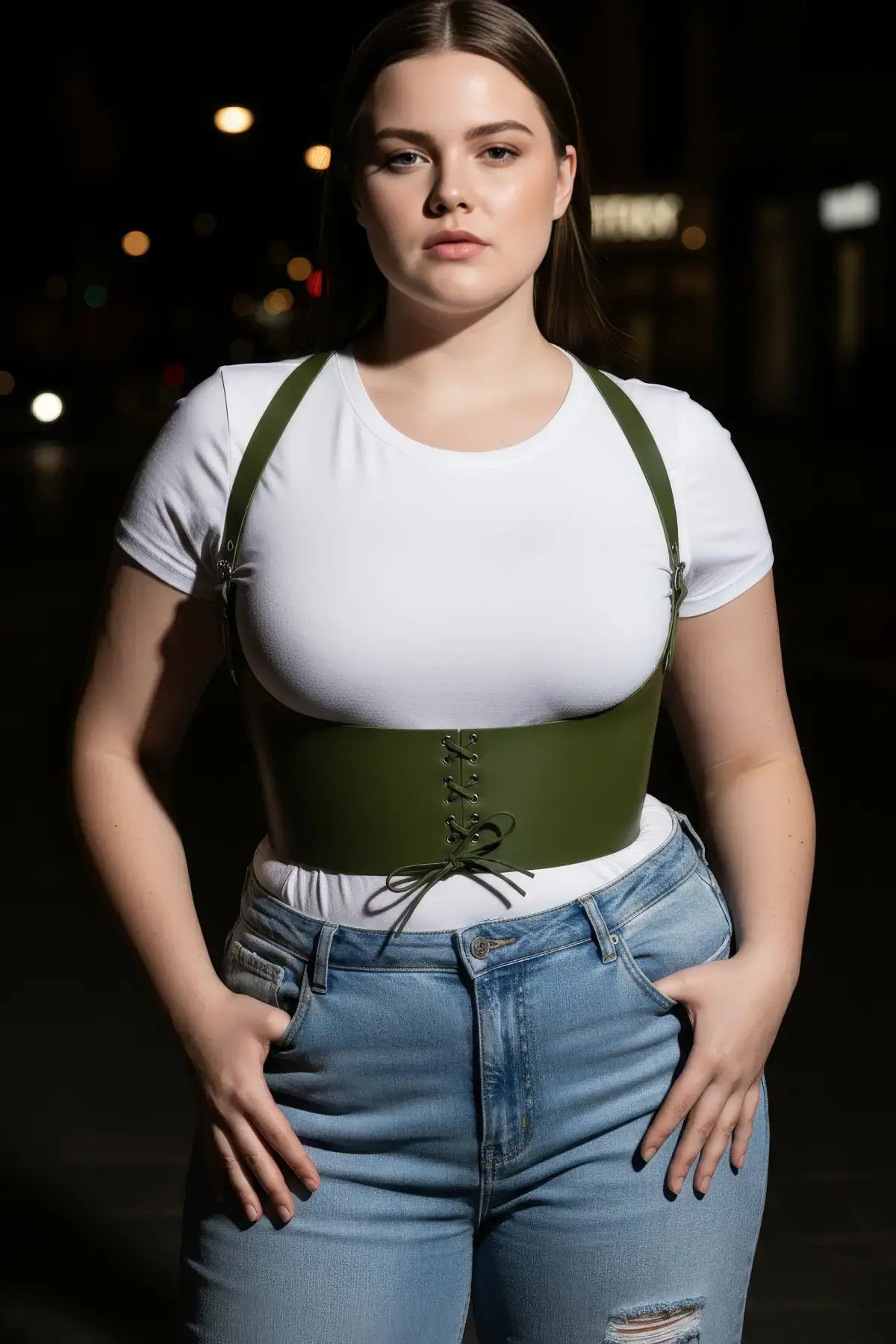Plus Size Khaki Lace-Up Corset Belt