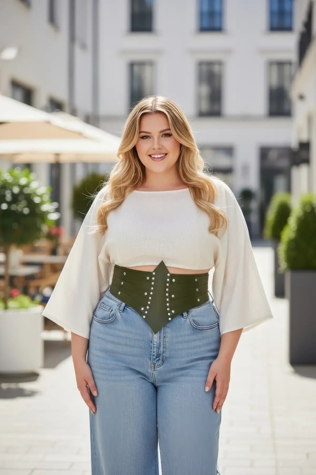 Plus Size Khaki Studded Thick Corset Waist Belt
