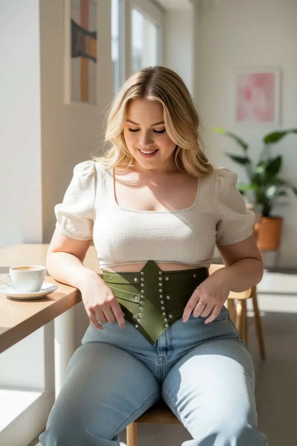 Plus Size Khaki Studded Thick Corset Waist Belt