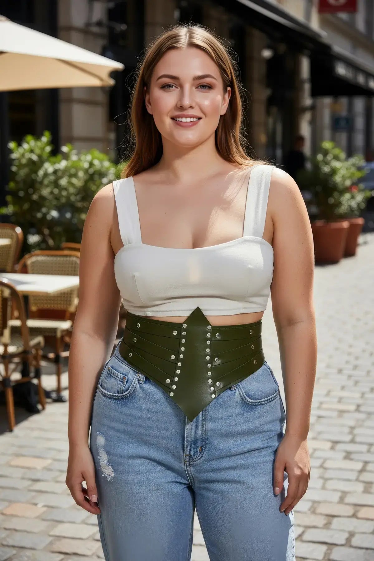 Plus Size Khaki Studded Thick Corset Waist Belt