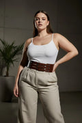 Plus Size Brown Wide Corset-Detail Leather Belt