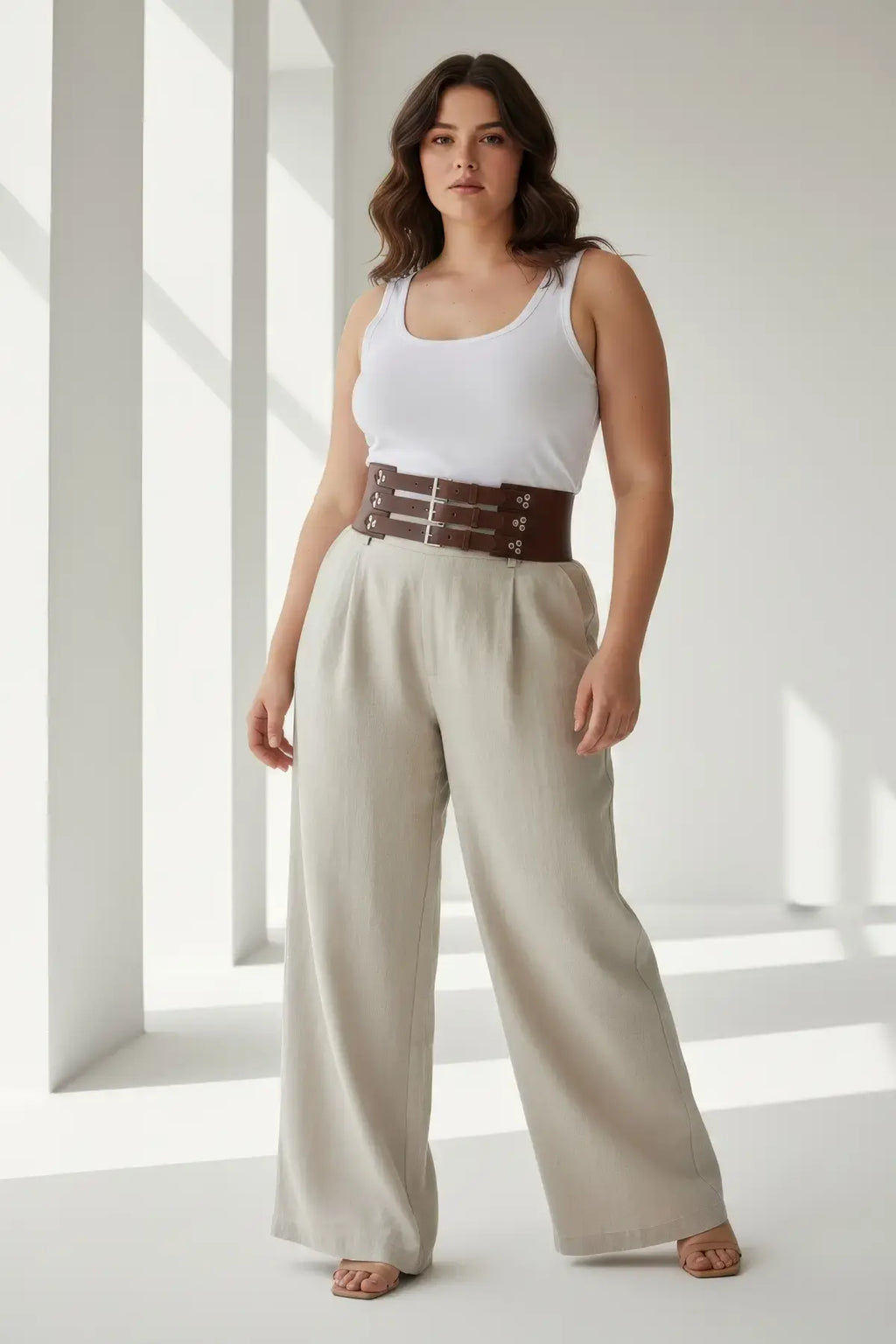 Plus Size Brown Wide Corset-Detail Leather Belt