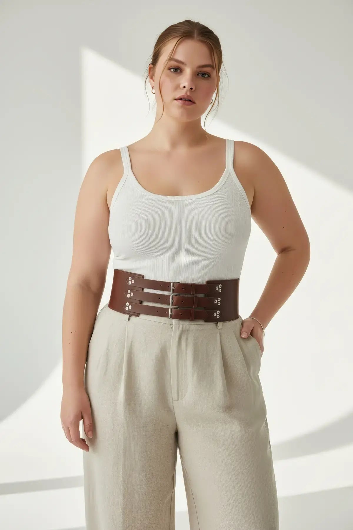 Plus Size Brown Wide Corset-Detail Leather Belt