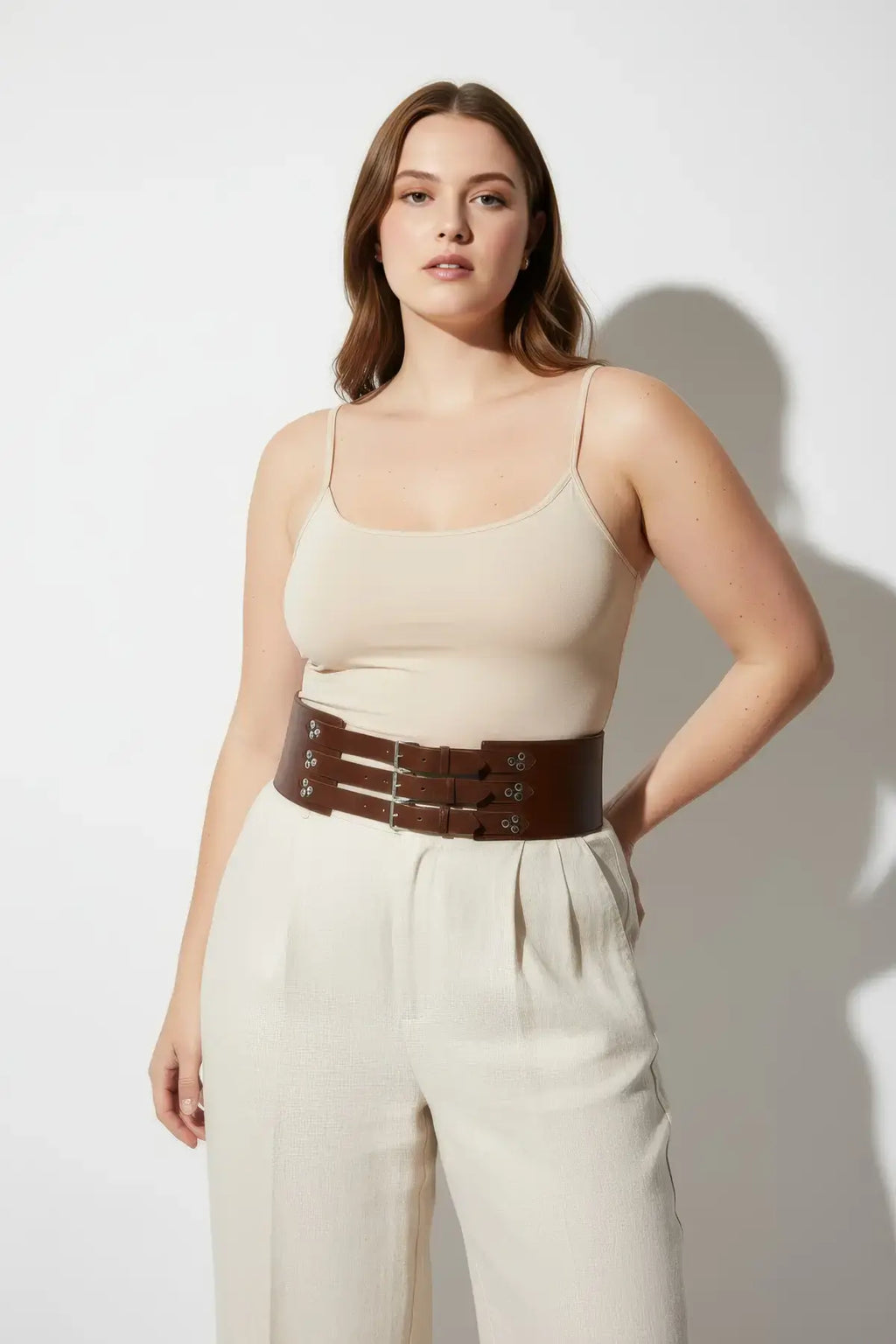 Plus Size Brown Wide Corset-Detail Leather Belt
