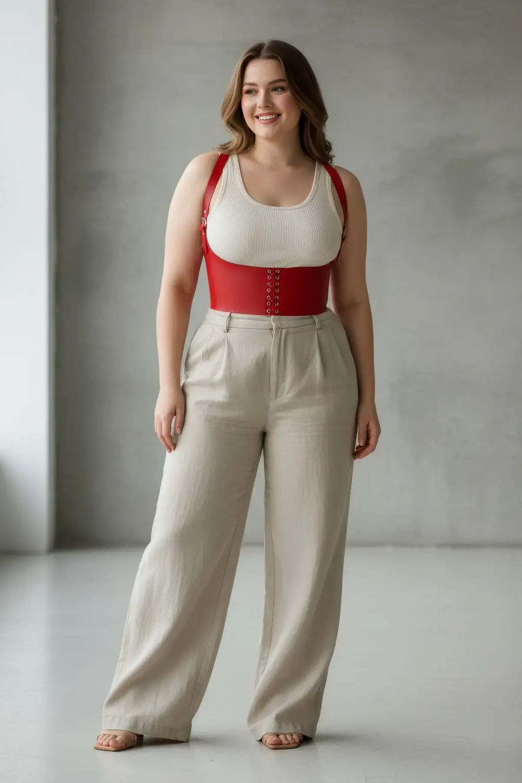 Plus Size Red Lace-Up Shoulder-Strap Corset-Style Belt