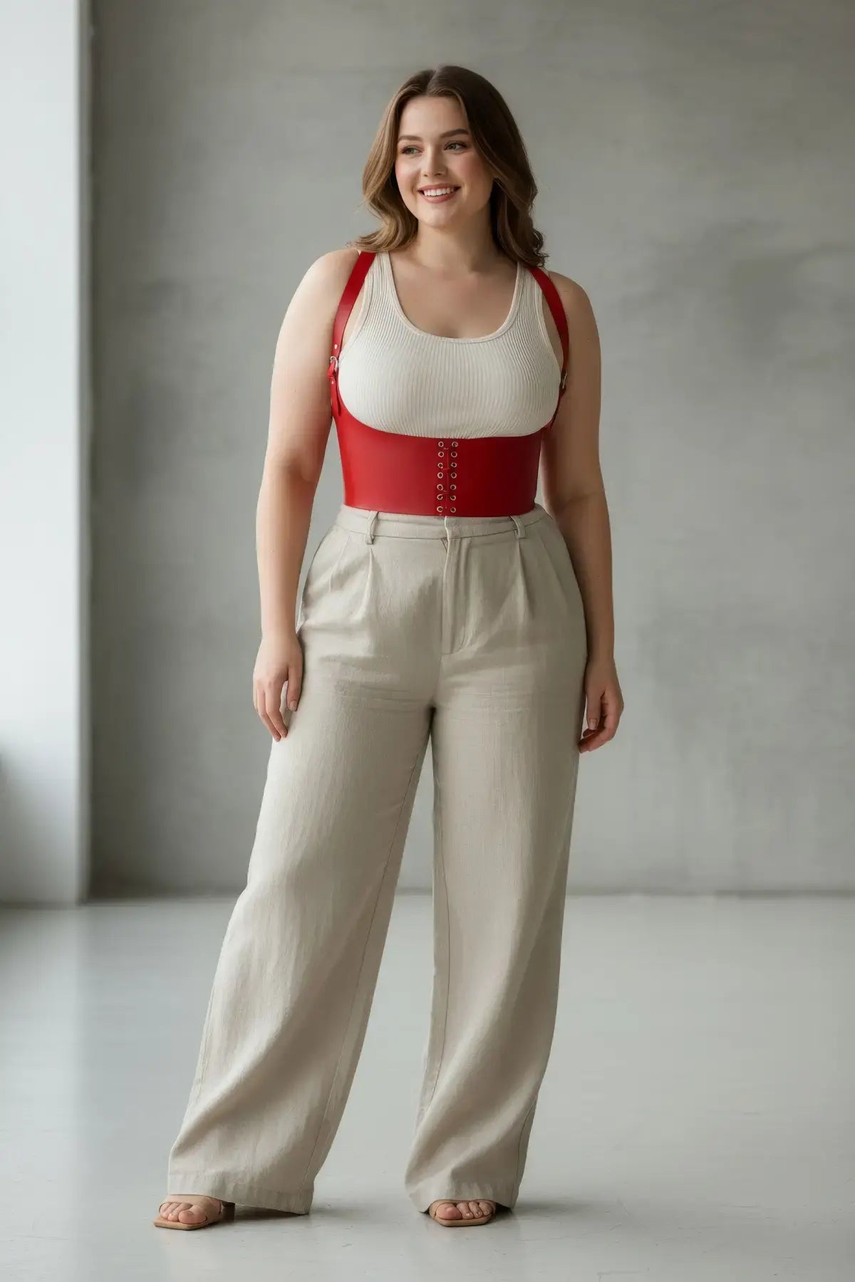 Plus Size Red Lace-Up Shoulder-Strap Corset-Style Belt