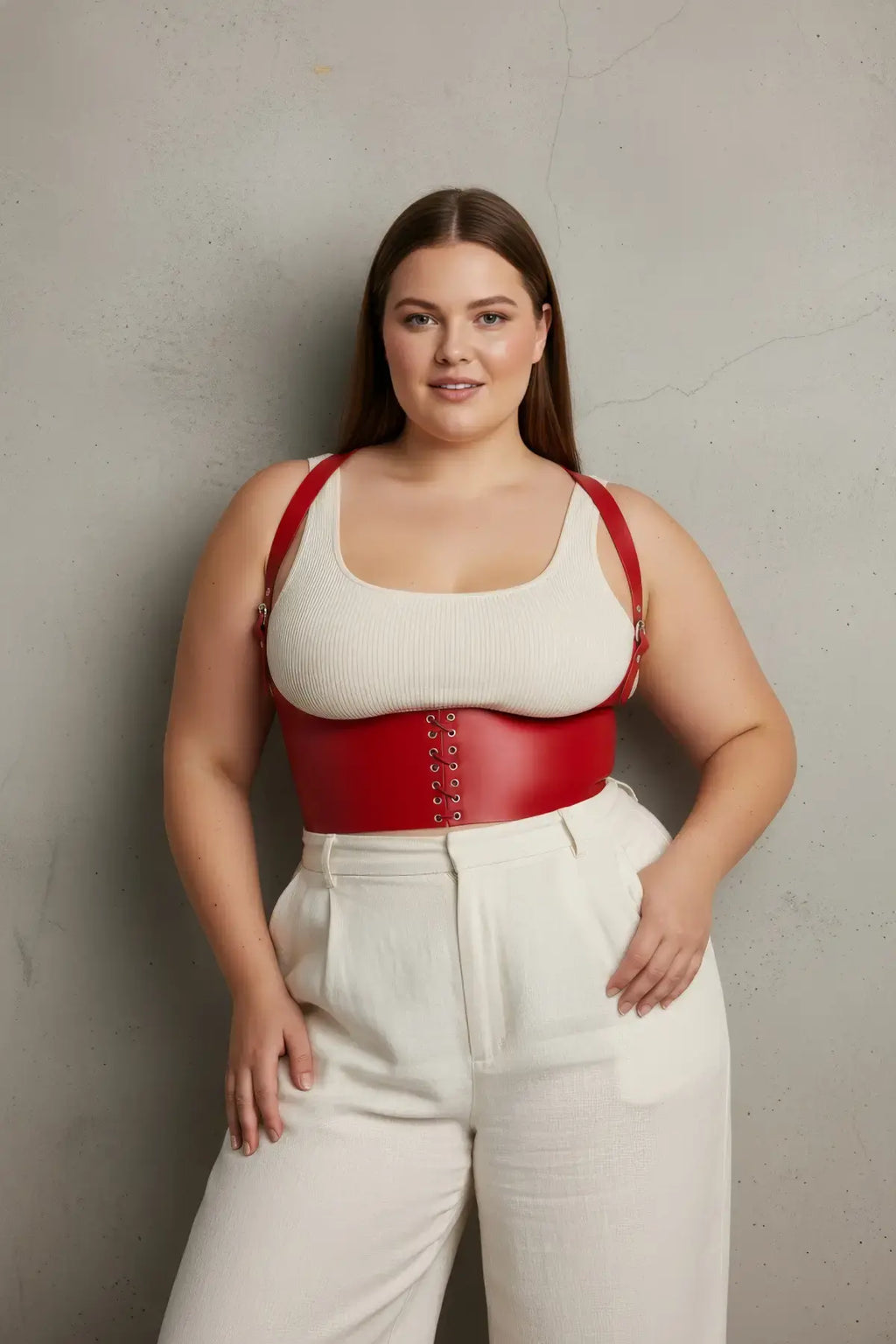 Plus Size Red Lace-Up Shoulder-Strap Corset-Style Belt