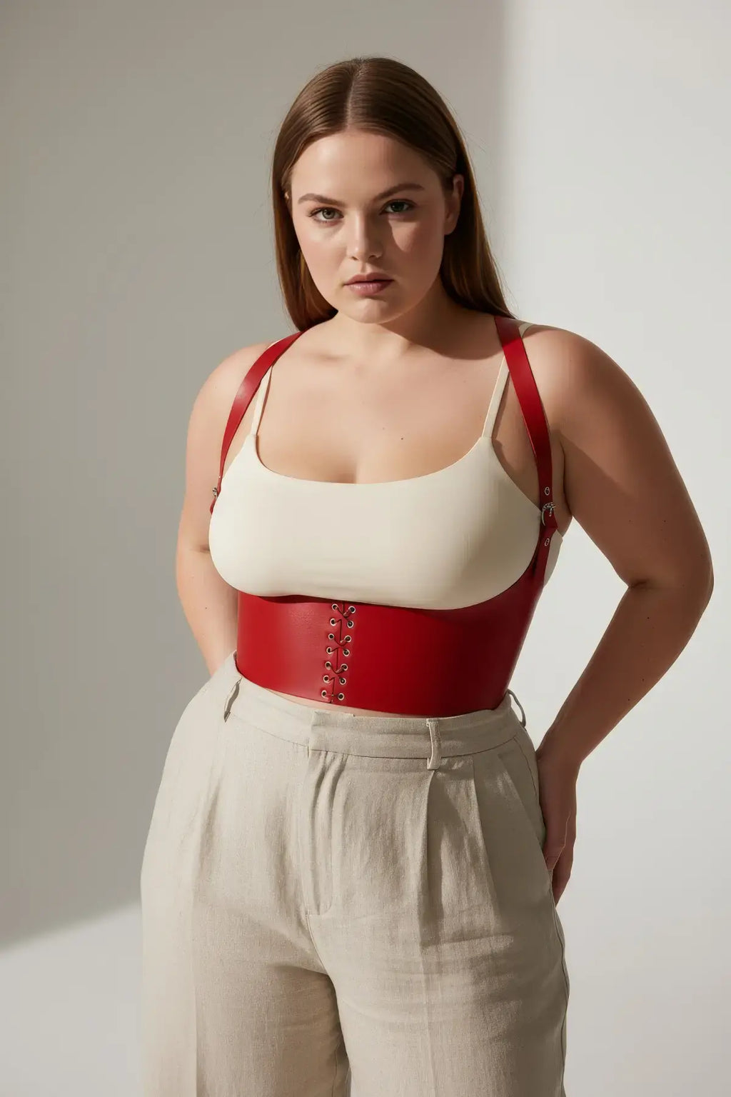 Plus Size Red Lace-Up Shoulder-Strap Corset-Style Belt