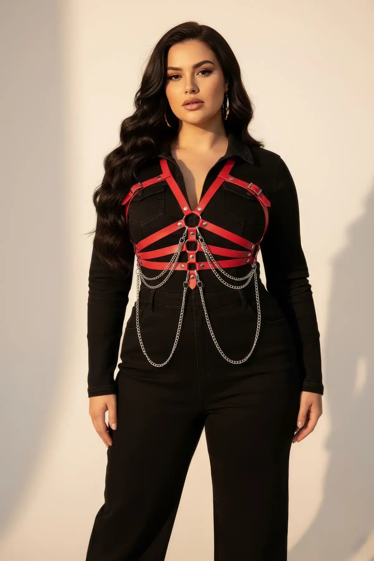 Plus Size Red Chain Detail Body Harness | Vegan Leather Statement Accessory