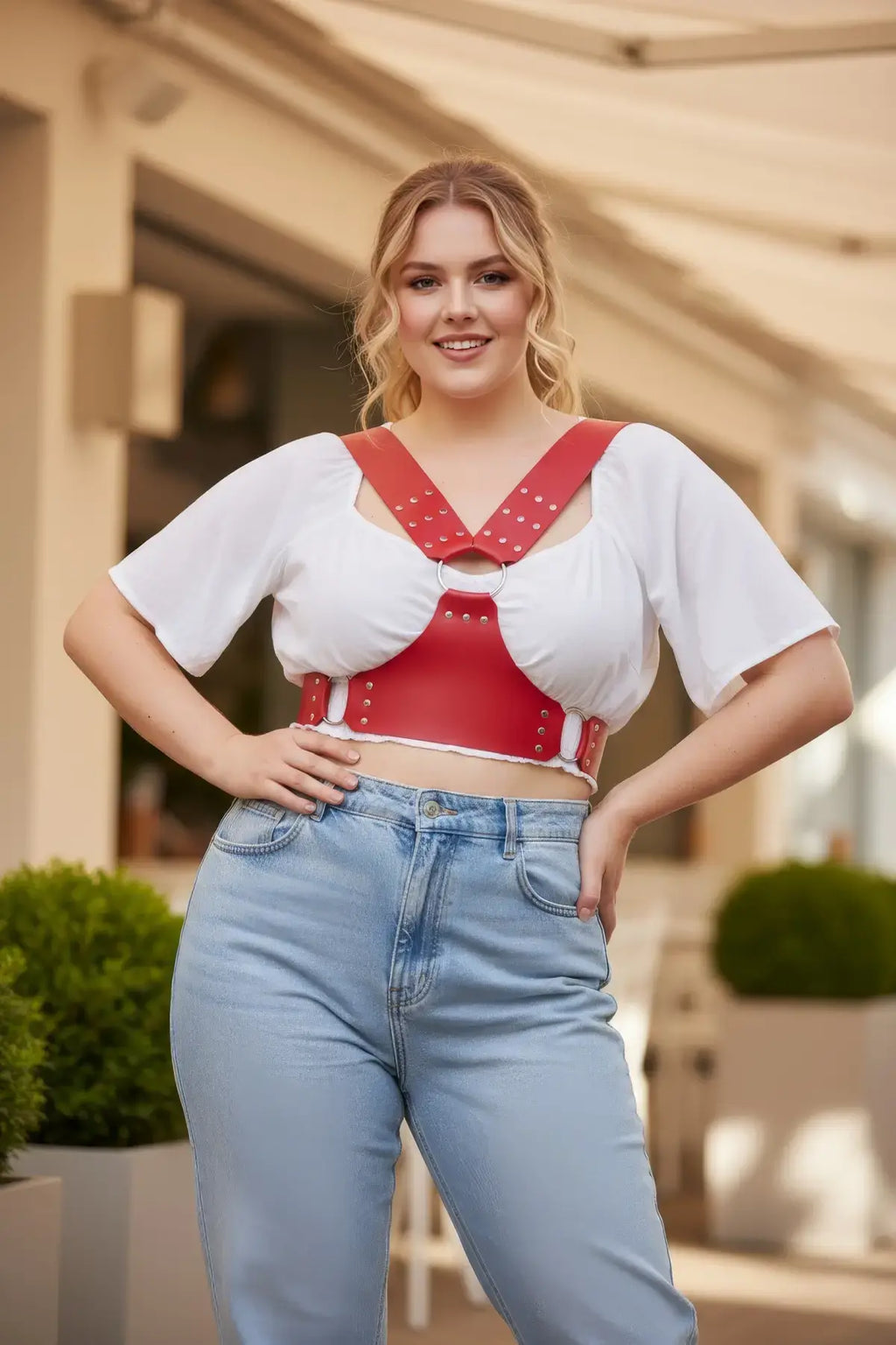 Plus Size Red Studded Strappy Corset-Style Leather Belt