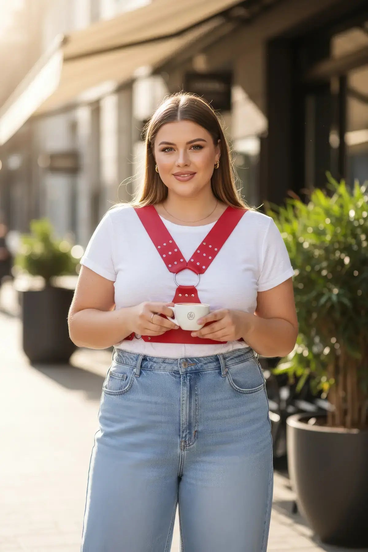 Plus Size Red Studded Strappy Corset-Style Leather Belt