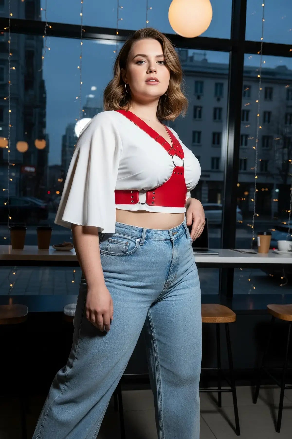 Plus Size Red Studded Strappy Corset-Style Leather Belt