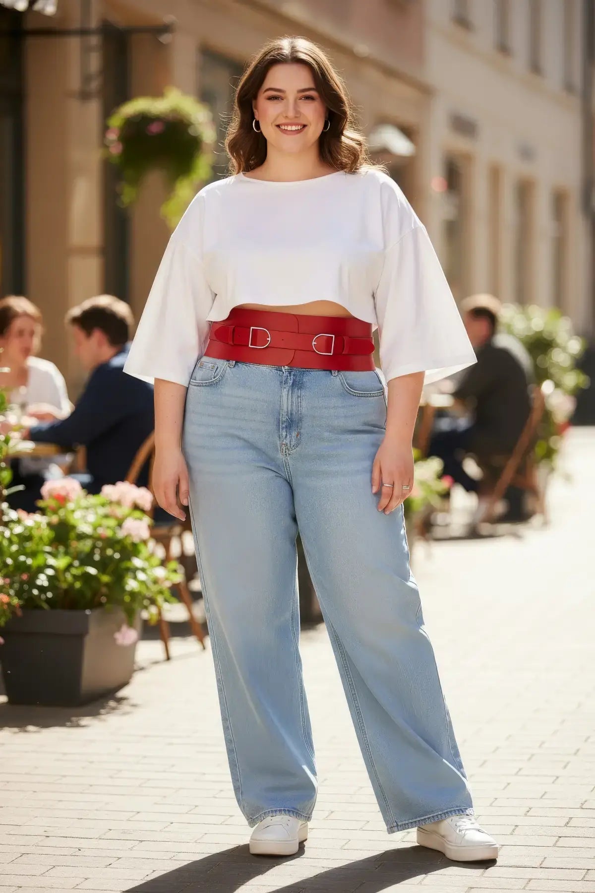 Plus Size Red Wide Corset-Look Double-Buckle Belt