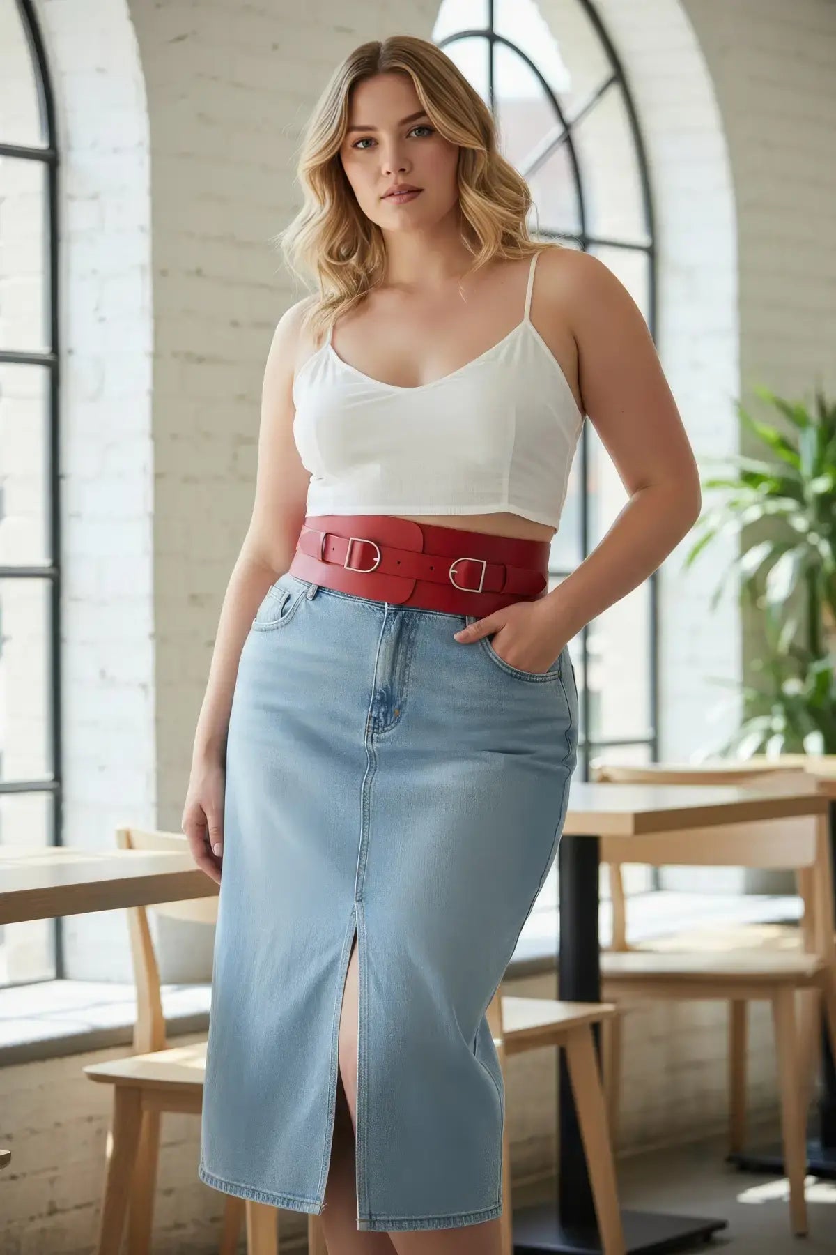 Plus Size Red Wide Corset-Look Double-Buckle Belt
