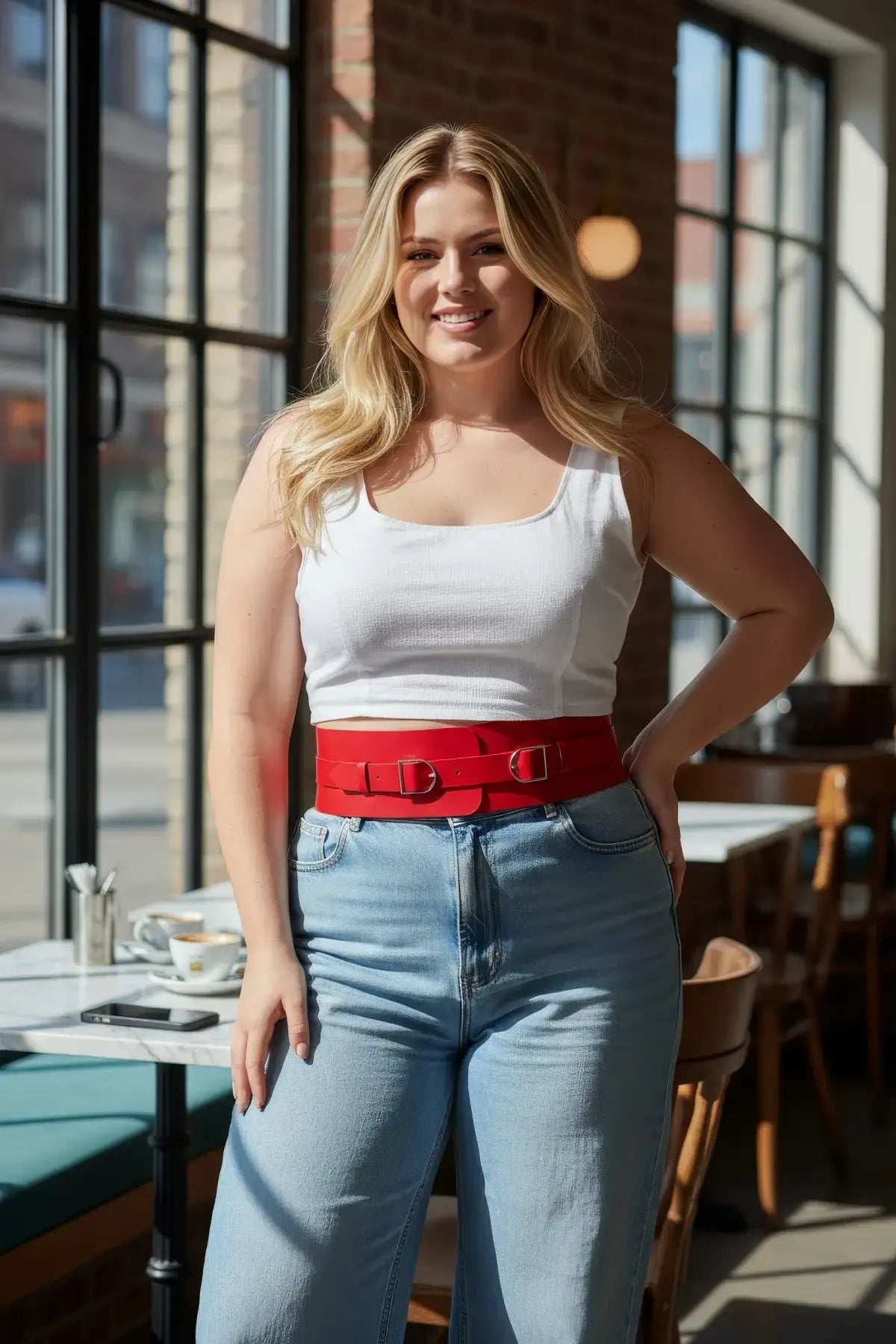 Plus Size Red Wide Corset-Look Double-Buckle Belt